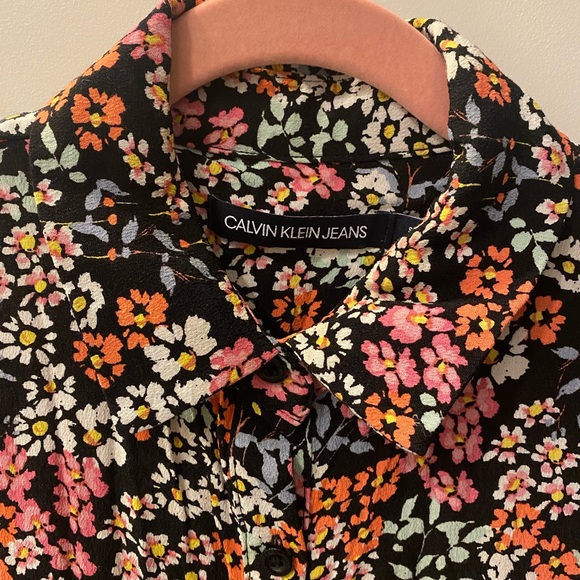 Floral Calvin Klein Black Pink Orange printed button up maxi dress - Picture 2 of 5